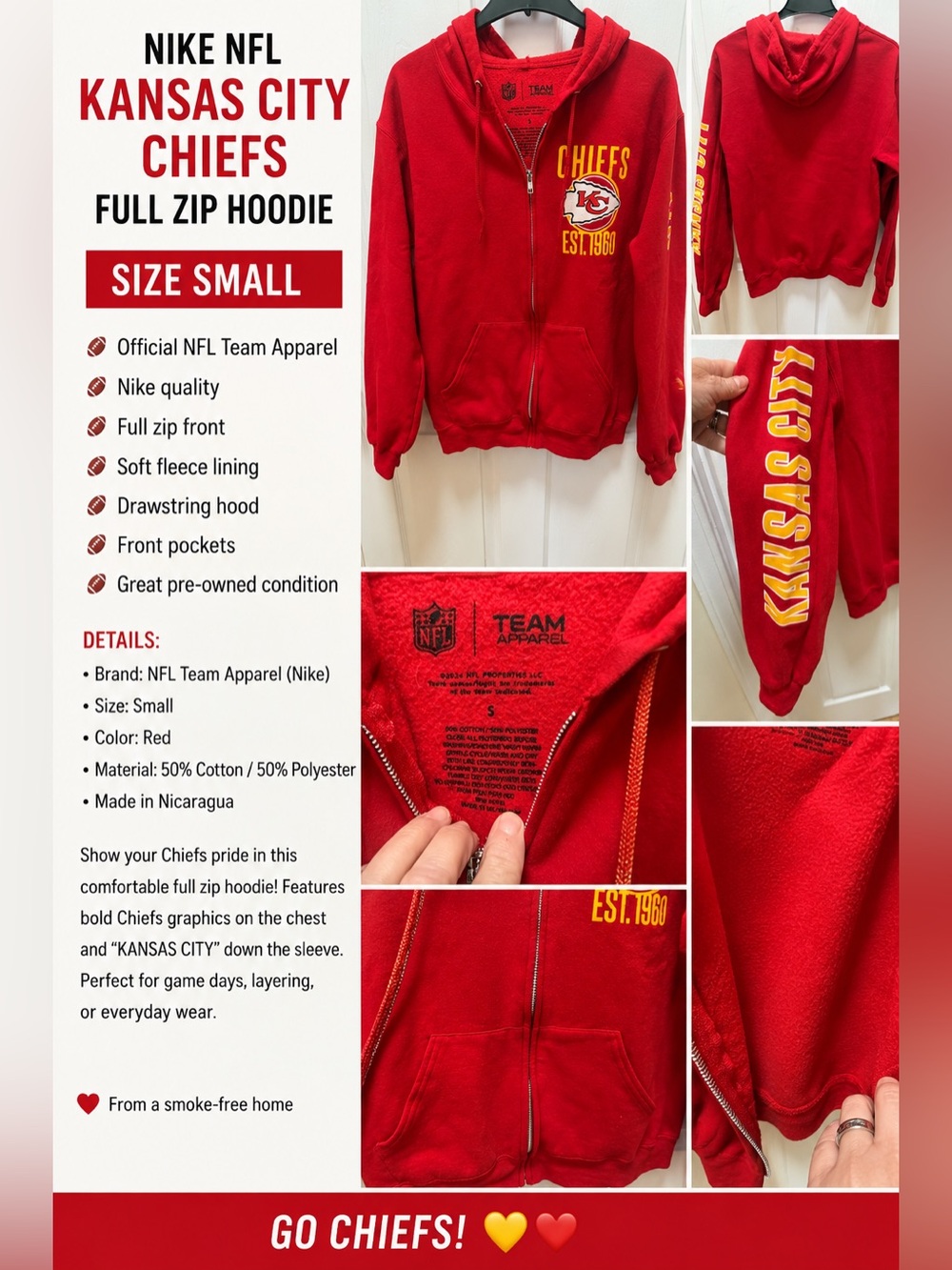 🏈NFL Kansas City Red Full-Zip Team Hoodie with Logo Accents❤️💛